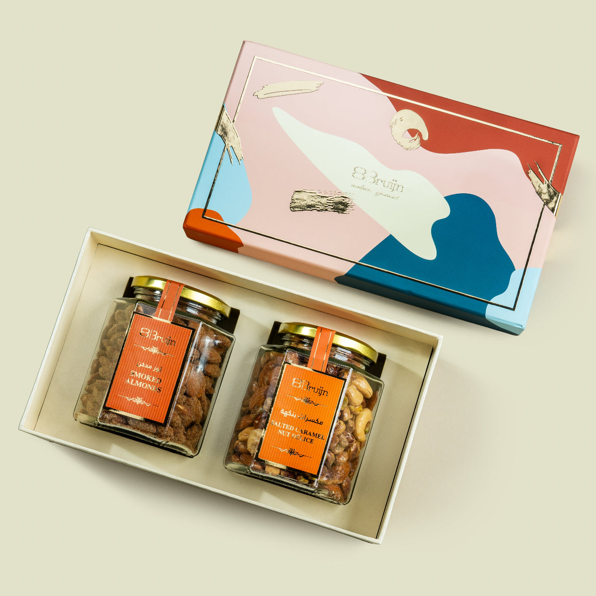 Abundance box (pastel) with Smoked almonds and Salted Caramel Nut Delice