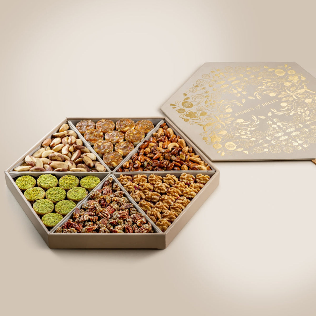 Fig & Nut Bites, Salted Carmel Nut Delice, Walnut & Dried Fruit Wholes, Praline Pecan, Ranginak, Smoked Brazilian Nuts