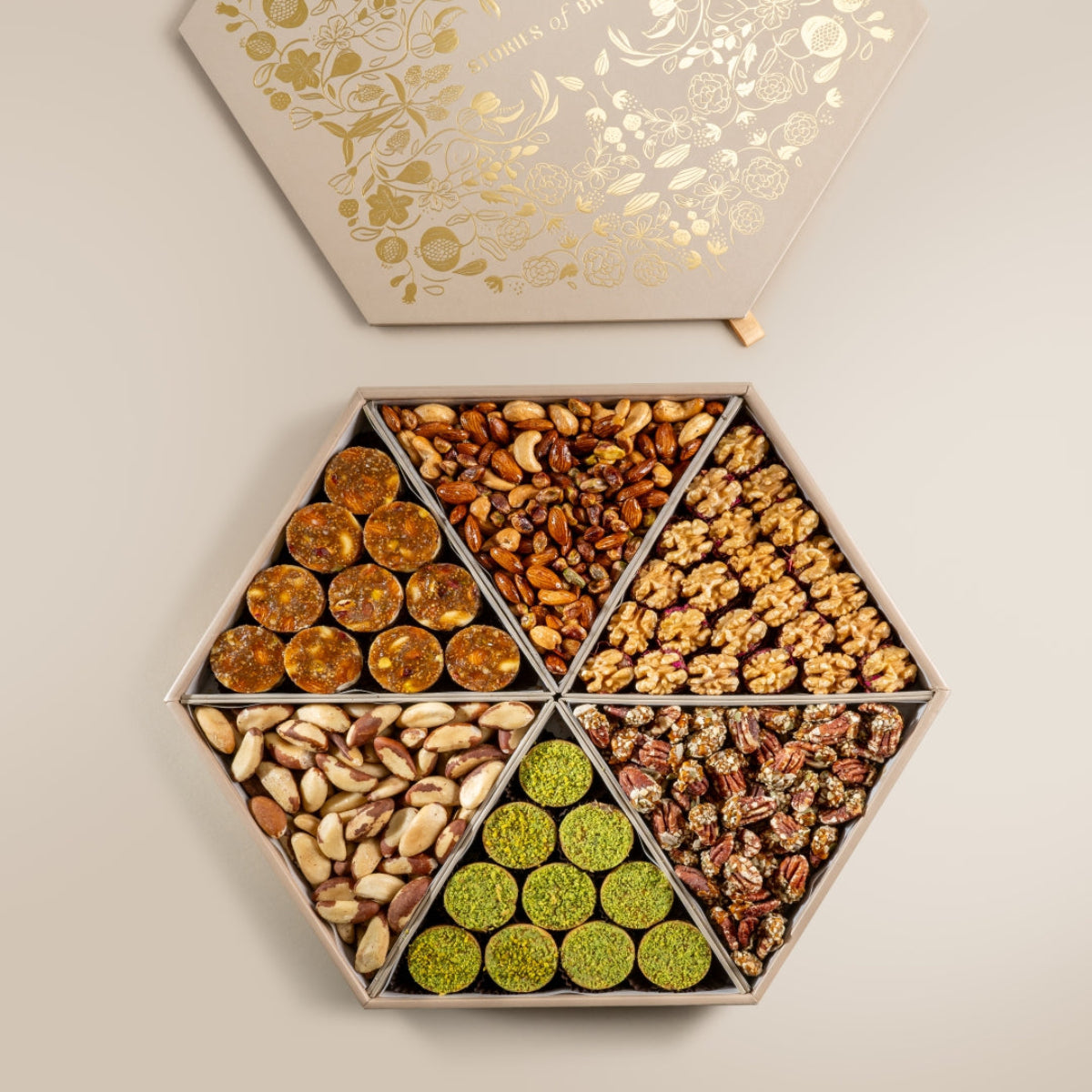 Fig & Nut Bites, Salted Carmel Nut Delice, Walnut & Dried Fruit Wholes, Praline Pecan, Ranginak, Smoked Brazilian Nuts