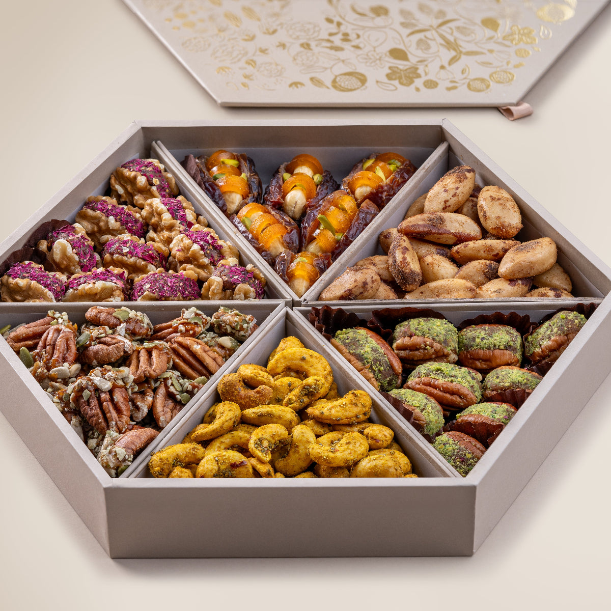 Walnut & Dried Fruit Wholes
Dried Mango & Cashew Stuffed Dates
Smoked Brazilian Nuts
Pecan & Date Wholes
Turmeric & Chia Seeds Cashews
Praline Pecan