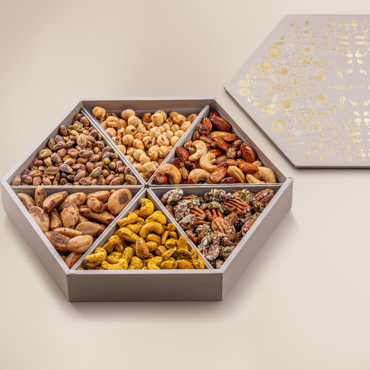 Saffron Pistachios
Spicy Caramel Hazelnuts
Salted Carmel Nut Delice
Turmeric & Chia Seeds Cashews
Smoked Brazilian Nuts
Praline Pecan