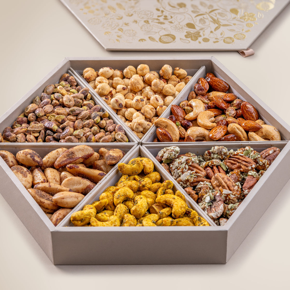 Saffron Pistachios
Spicy Caramel Hazelnuts
Salted Carmel Nut Delice
Turmeric & Chia Seeds Cashews
Smoked Brazilian Nuts
Praline Pecan