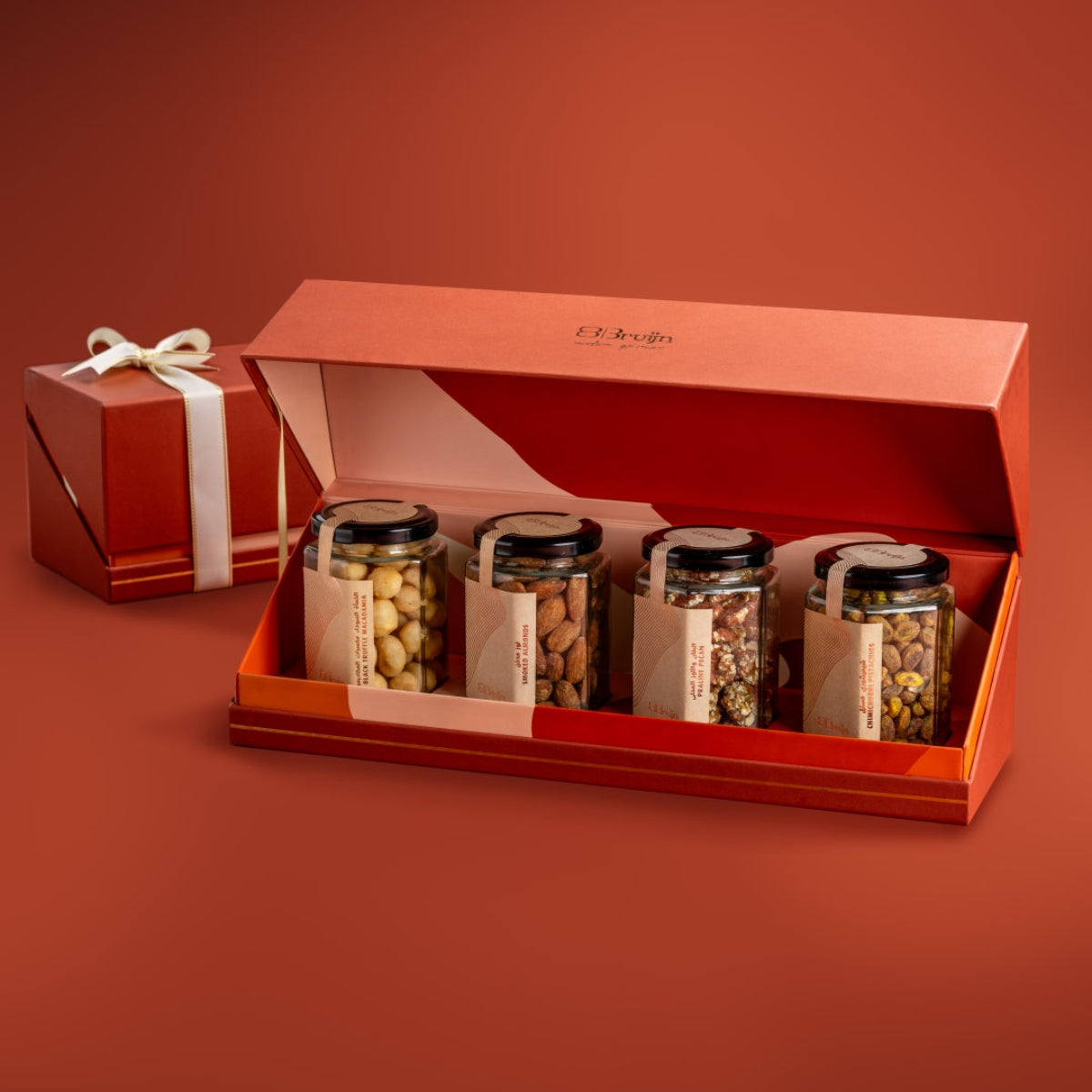 Bruijn luxury jar box with Black Truffle Macadamia, Smoked Almonds, Praline Pecan, and Chimichurri Pistachio.