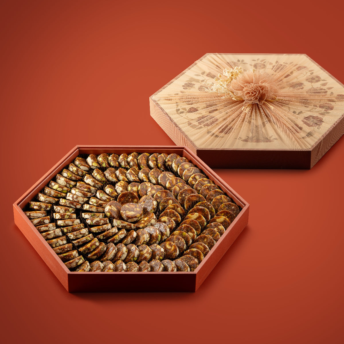 Fig & Nut Bites in a beautiful tree of life design in Oxford orange color.