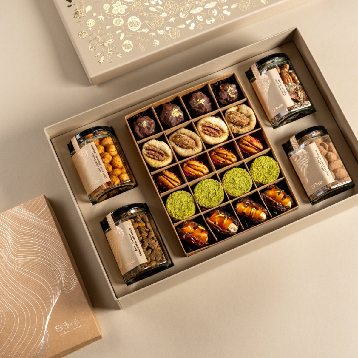 Motley Exquisite box, 4 Nut jars and assorted dates, walnuts, ranginaik