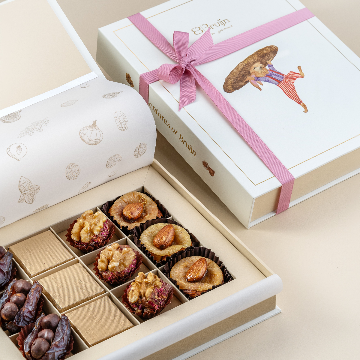 Playful Cheer box from Adventures of Bruijn with 12 assorted gourmet figs, dates, and chocolates.