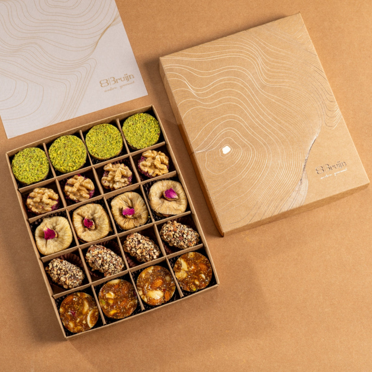 Exquisite box Ranginaik, Walnut and Dried fruit wholes, Saffron pistachio and rose figs, Date truffles and Fig and Nut Bites