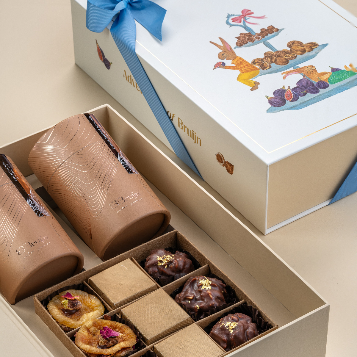Whim & Fancy gift box from Adventures of Bruijn featuring za’atar cashews, cocoa almonds, and gourmet fig delights.