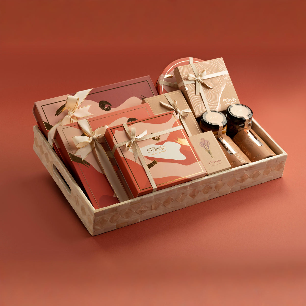 Large luxury tray featuring Regal, Candid, Petite, Round, and Craft boxes with saffron, jars, and gourmet treats.