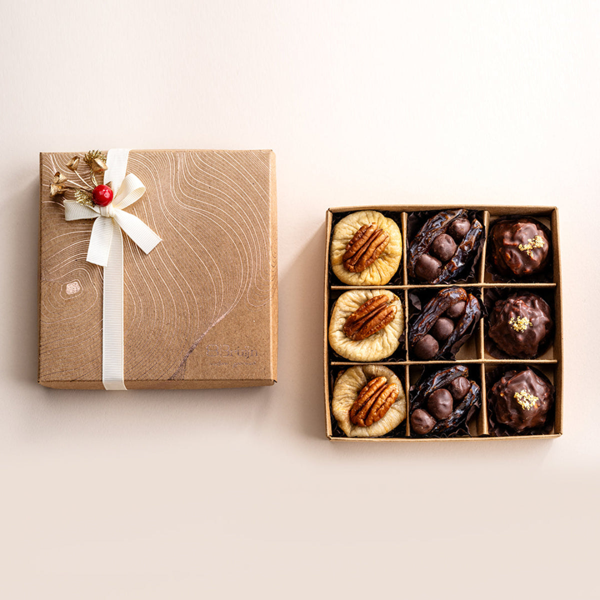 24K Sprinkled Almond Rocks 
Chocolate Hazelnut stuffed Dates
Cinnamon & Hazelnut Figs with chocolate