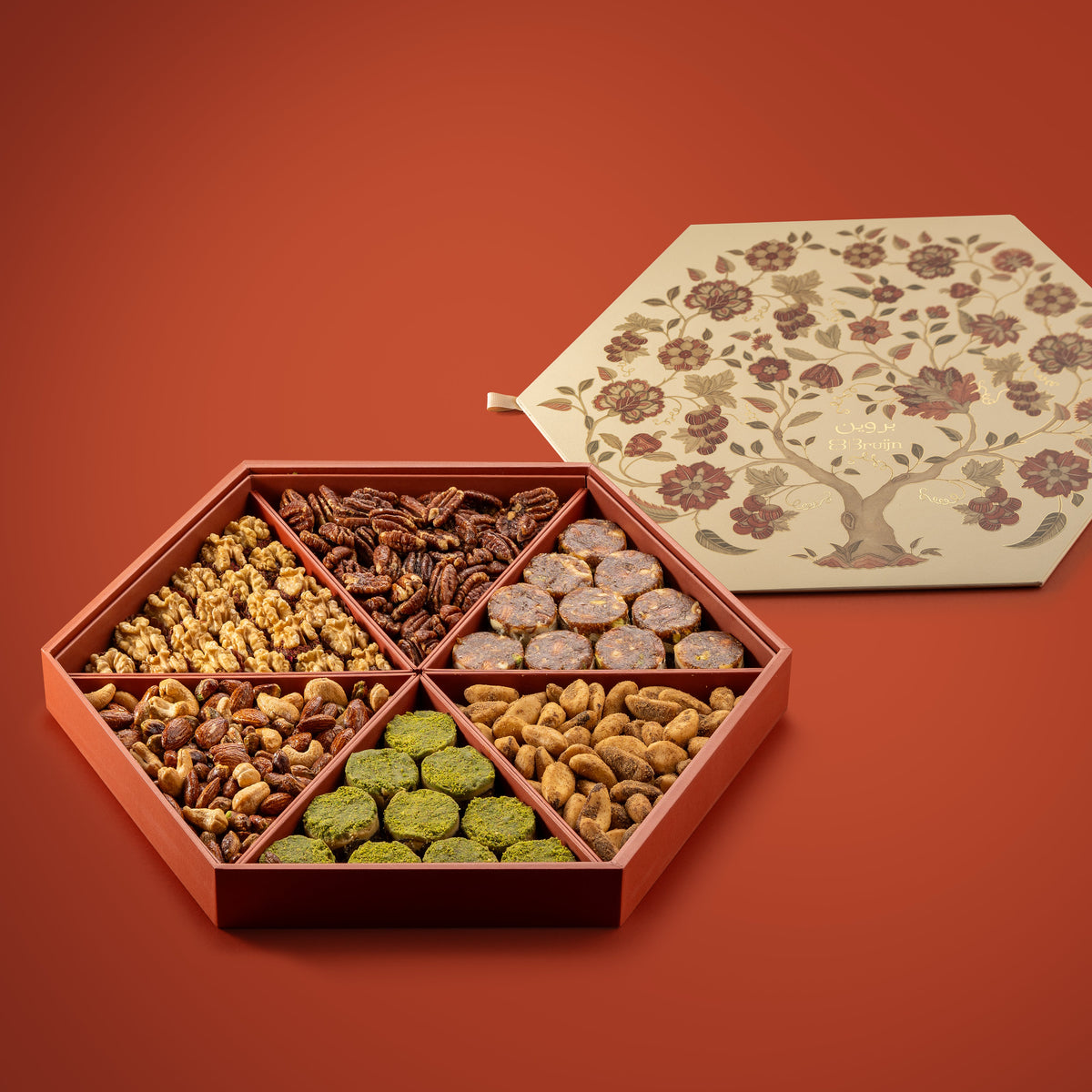 hexagon shaped tray with nuts & dried fruits.